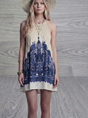 Free People Shea Paisley Mini Dress Boho Festival Crochet Halter Size M